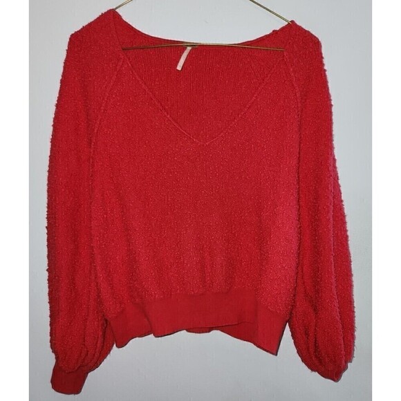 Free People Sz S Found My Friend Textured Sweater Red Balloon Sleeve - Picture 2 of 5